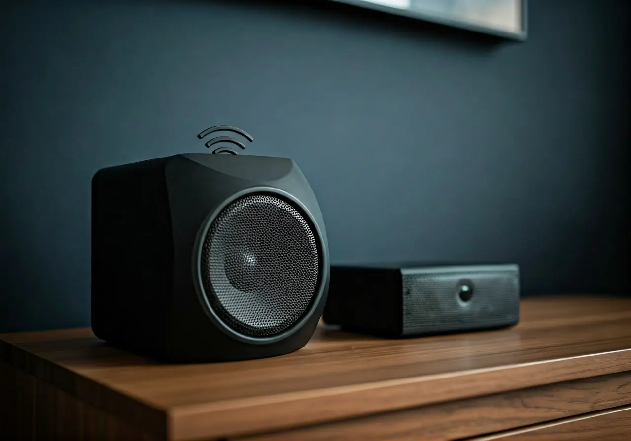 A sleek wireless speaker setup in a modern living room. 35mm stock photo