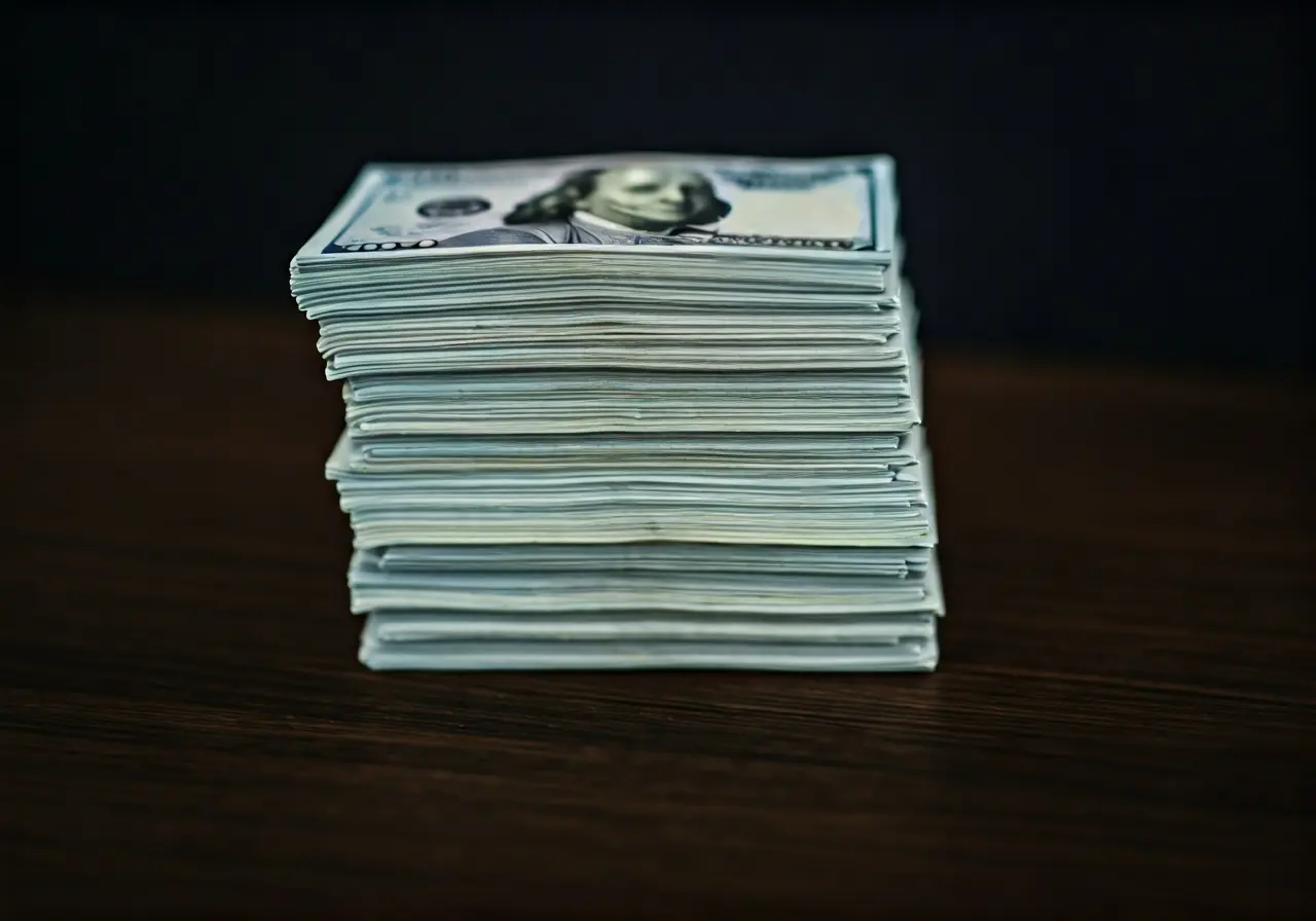 A stack of cash atop a small model house. 35mm stock photo
