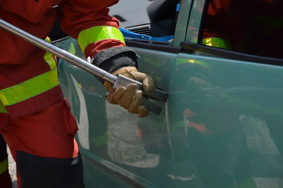 Firefighter uses crowbar to rescue a jammed car door in an outdoor emergency scenario.