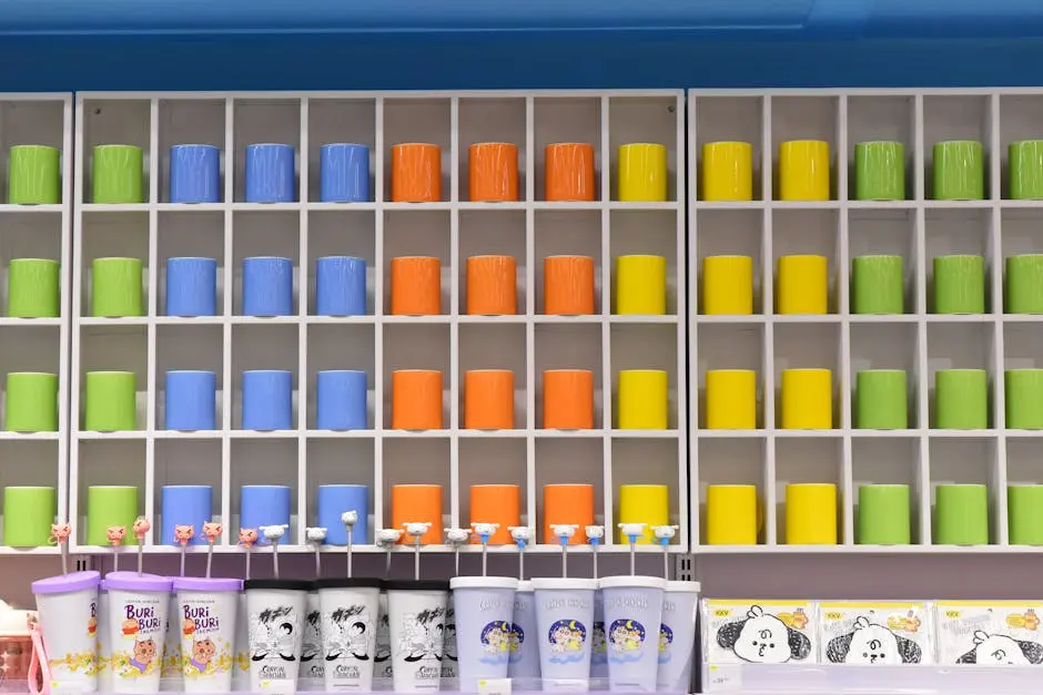 Vibrant shelf of colorful cups in a retail store, organized by color and showcasing a playful design.