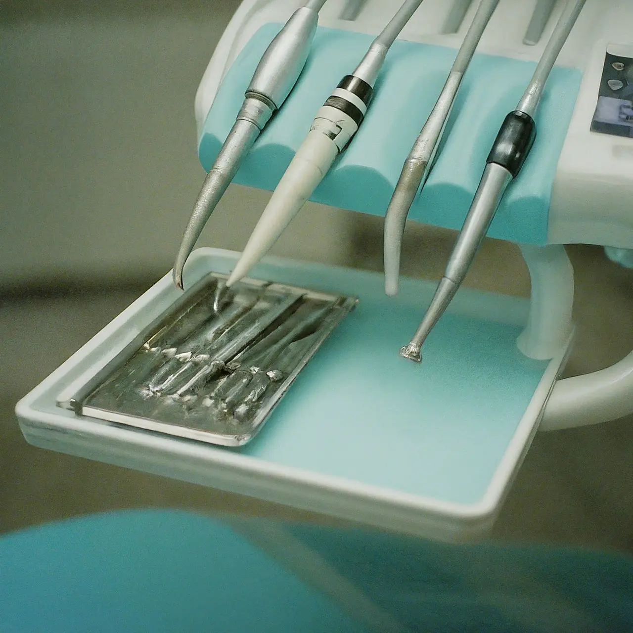 A dental chair with a tray of dental tools. 35mm stock photo