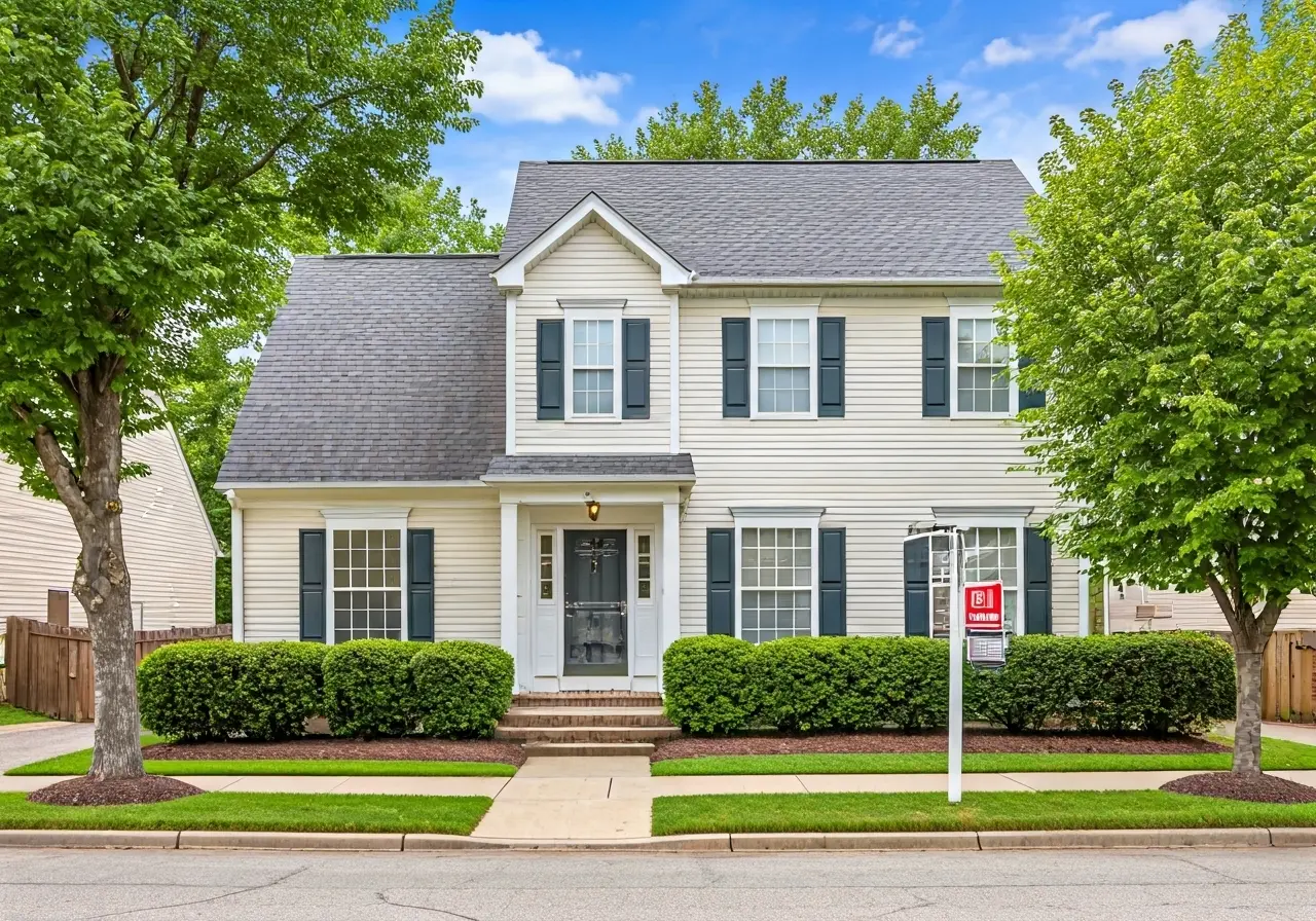 A charming suburban Virginia home with a For Sale sign. 35mm stock photo