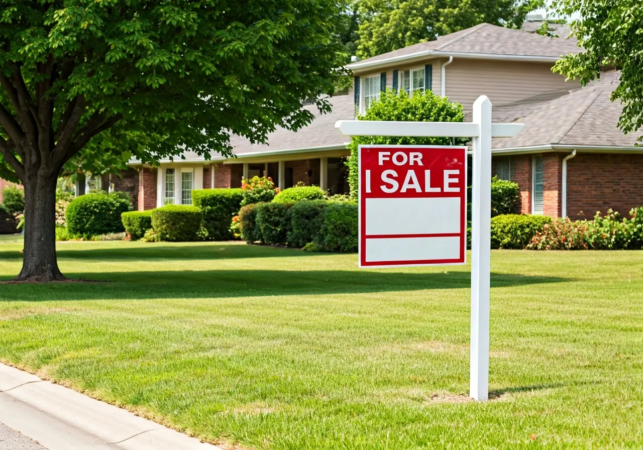 A for sale sign in front of a suburban house. 35mm stock photo