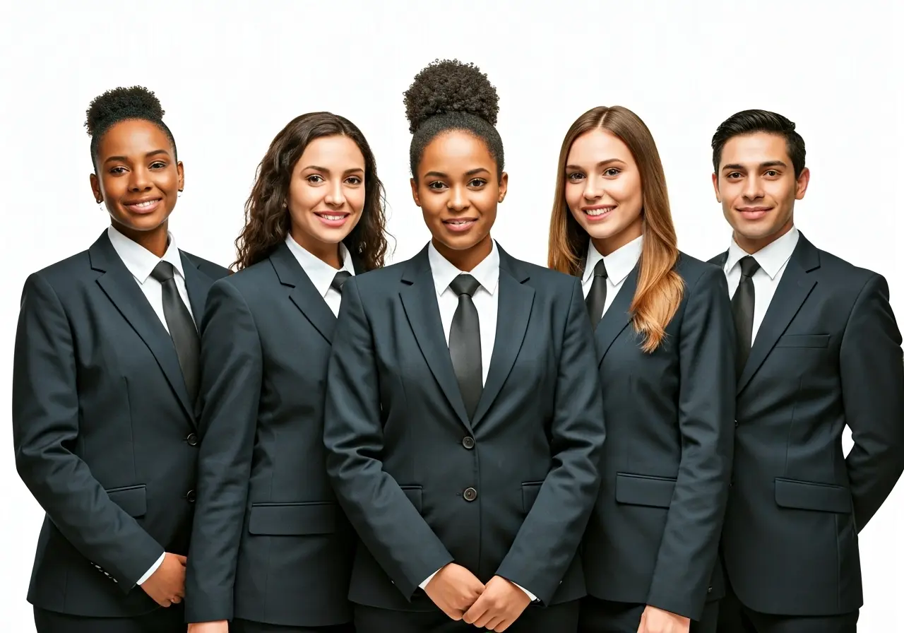 Diverse group of professional event staff in uniform. 35mm stock photo