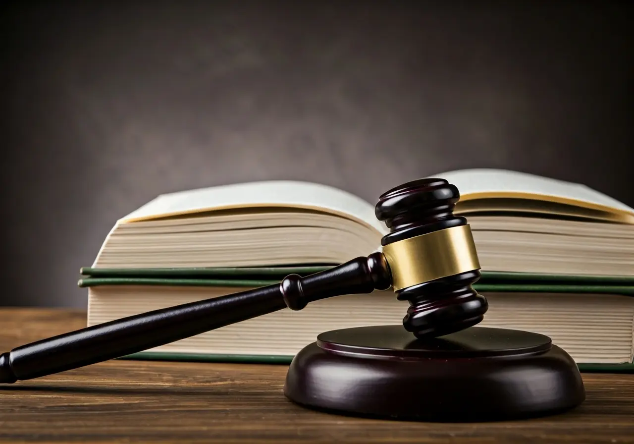 A gavel resting on a stack of legal books. 35mm stock photo