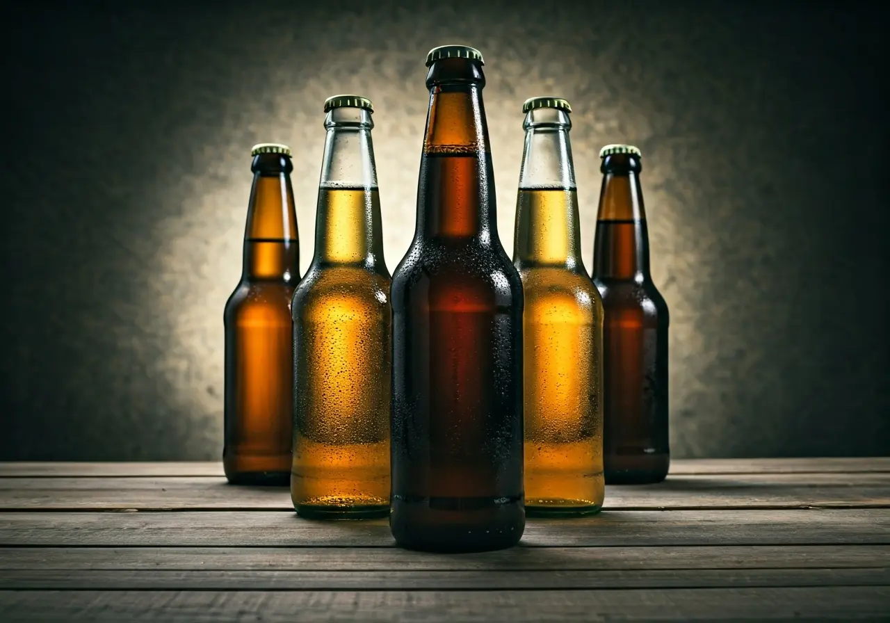 Colorful assortment of non-alcoholic beer bottles on a rustic table. 35mm stock photo