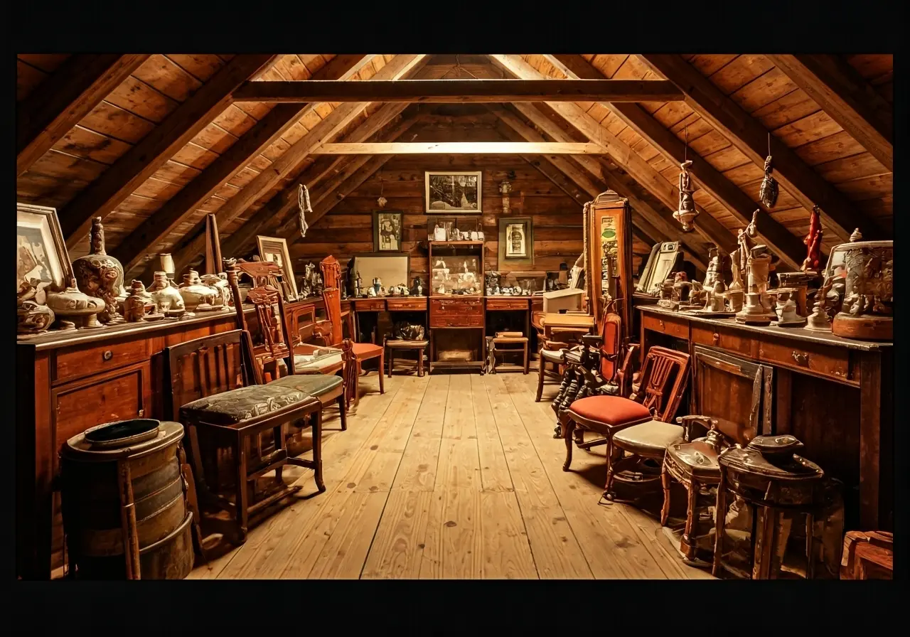 A cluttered attic filled with vintage items and antiques. 35mm stock photo