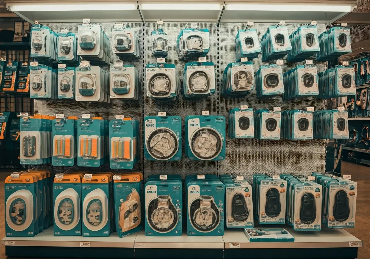 A neatly organized display of baby car accessories in-store. 35mm stock photo
