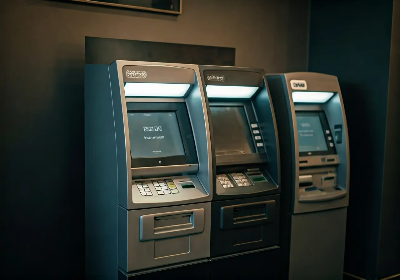 A Bitcoin ATM in a small retail shop setting. 35mm stock photo