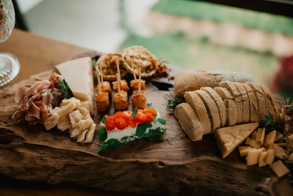 A beautifully arranged charcuterie board featuring cheeses, meats, and bread, perfect for gourmet dining.