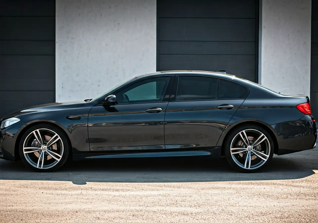 A sleek car parked with tinted windows gleaming in sunlight. 35mm stock photo