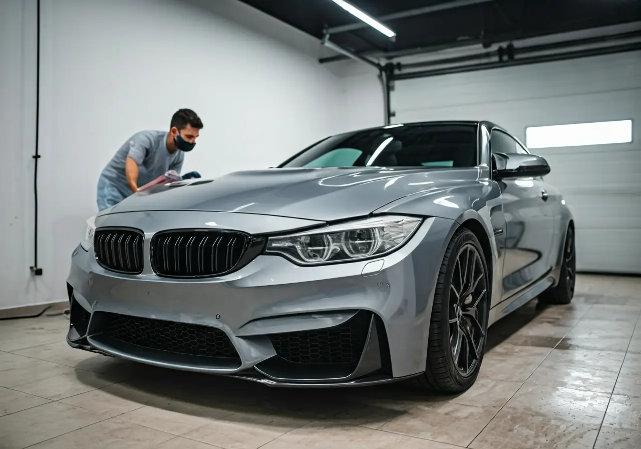 A sleek car being professionally coated with ceramic in a garage. 35mm stock photo