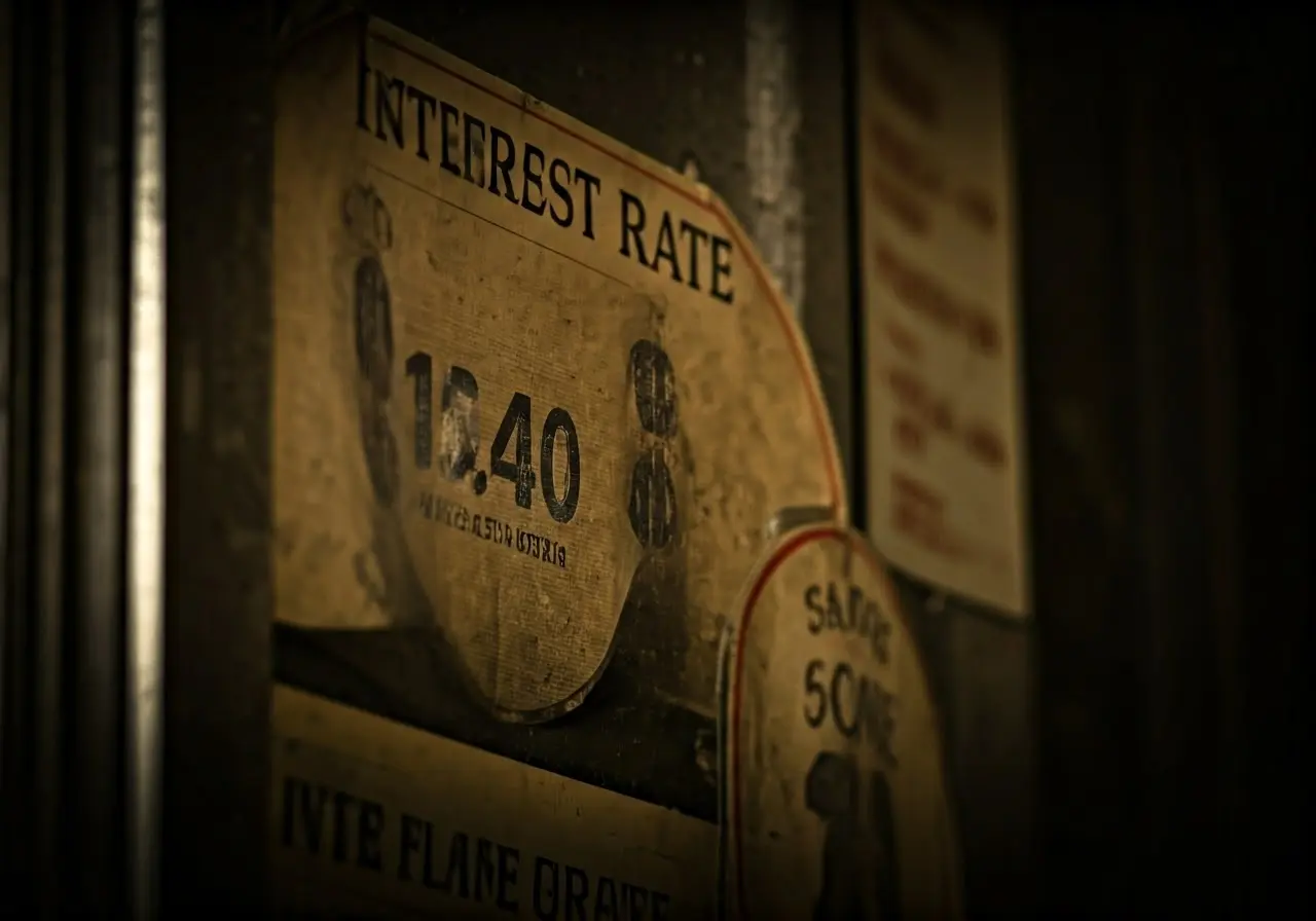 A close-up of a pawn shop’s interest rate signs. 35mm stock photo