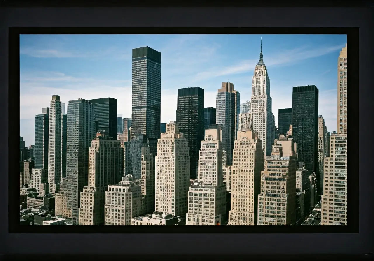 A skyscraper skyline showing New York City real estate. 35mm stock photo