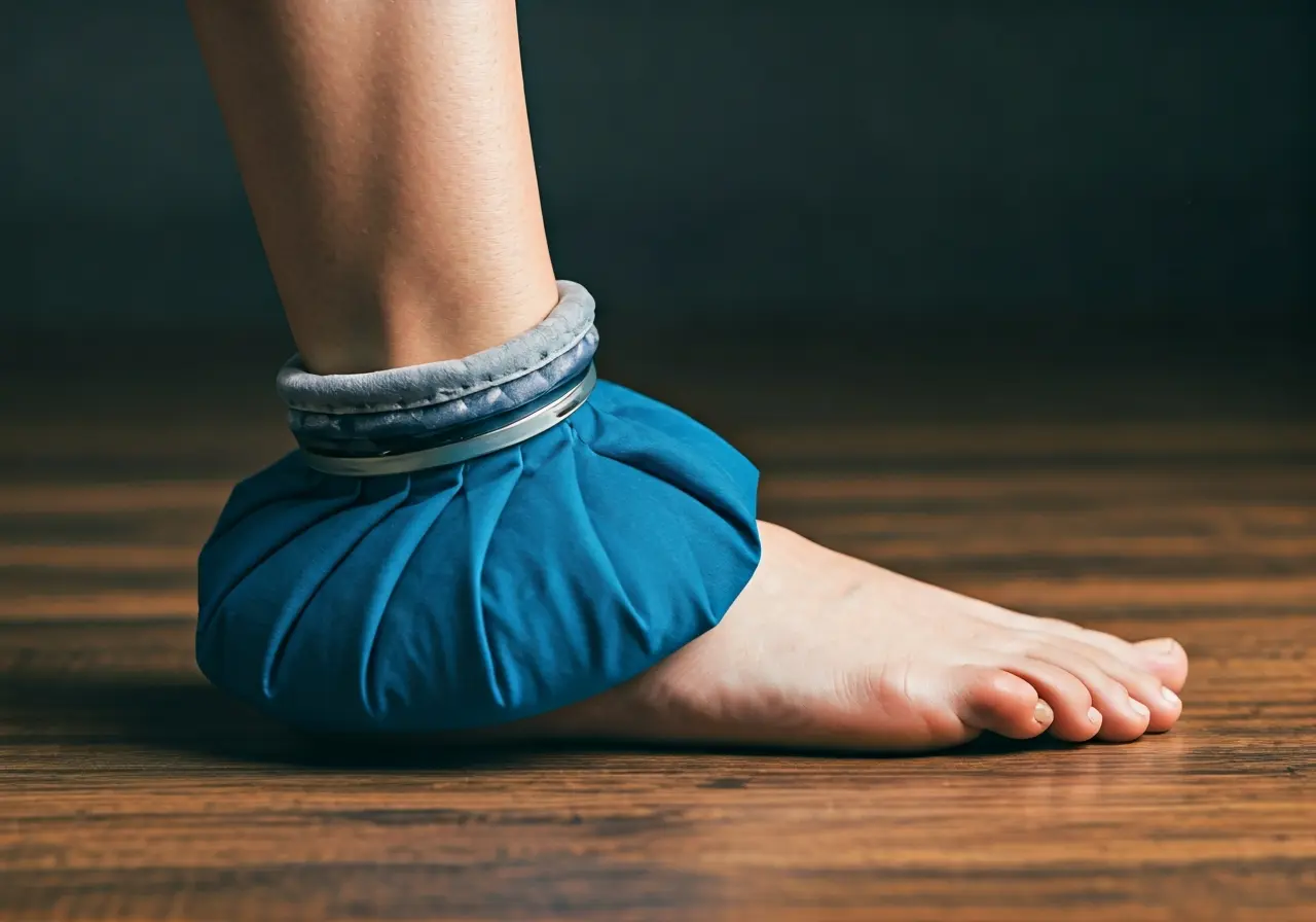 A close-up of a sprained ankle with an ice pack. 35mm stock photo