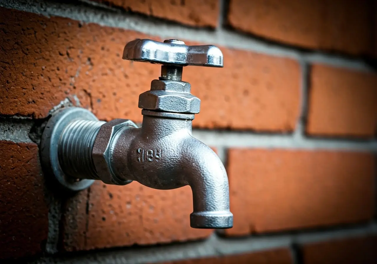 A close-up of a metallic stop tap against a brick wall. 35mm stock photo