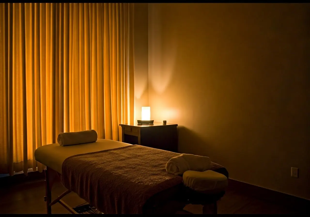 A serene massage room with soft lighting and a massage table. 35mm stock photo