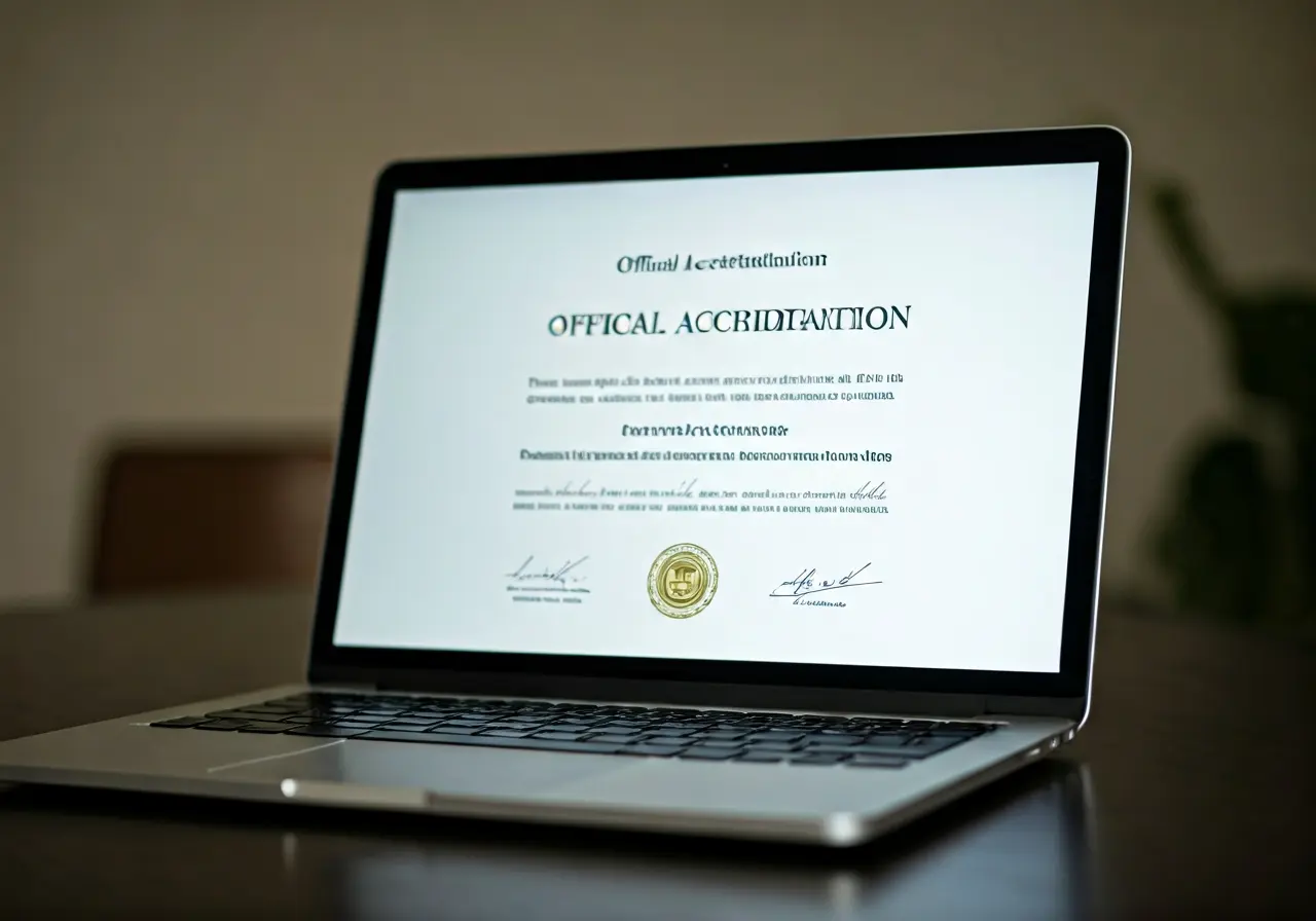 An open laptop displaying an official accreditation certificate. 35mm stock photo
