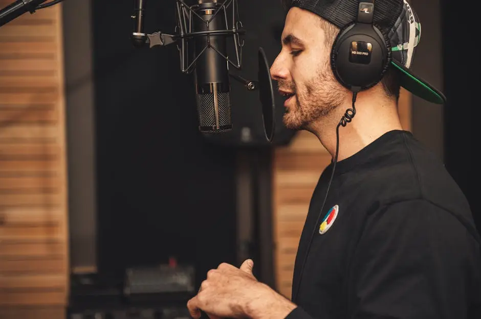 A man wearing headphones and recording vocals in a music studio with a microphone.