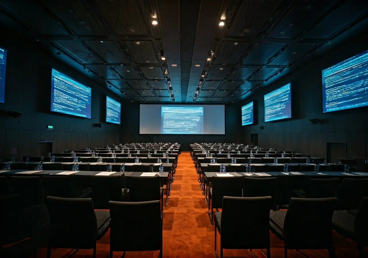 Conference room with advanced audio-visual equipment and digital screens. 35mm stock photo