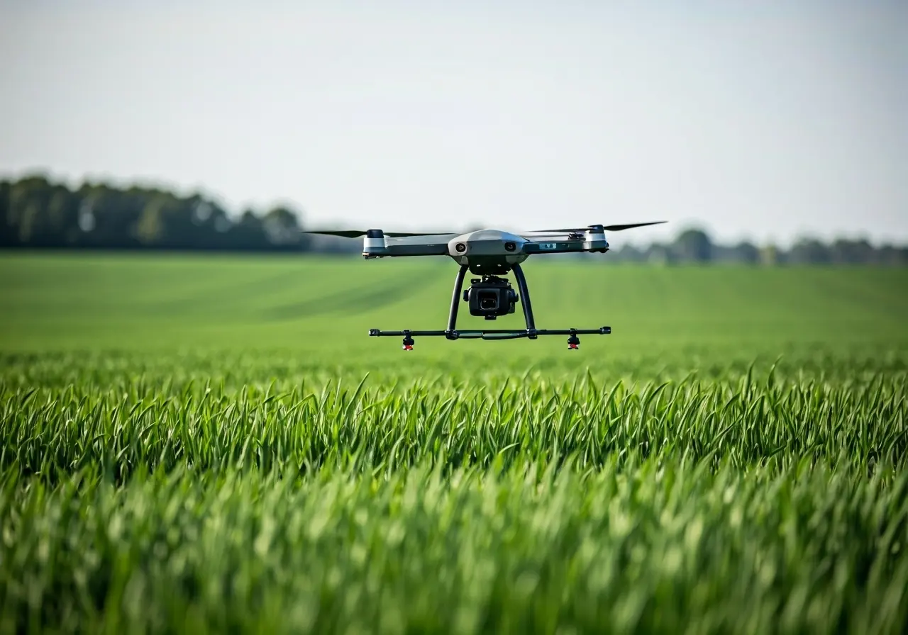A drone spraying crops in a lush green field. 35mm stock photo