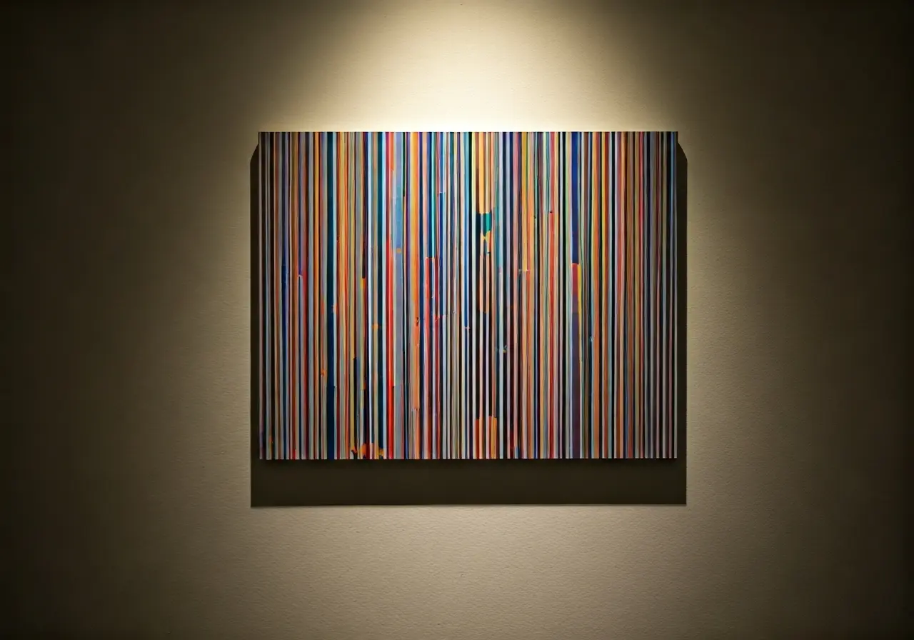 A colorful abstract painting hanging on a minimalist wall. 35mm stock photo