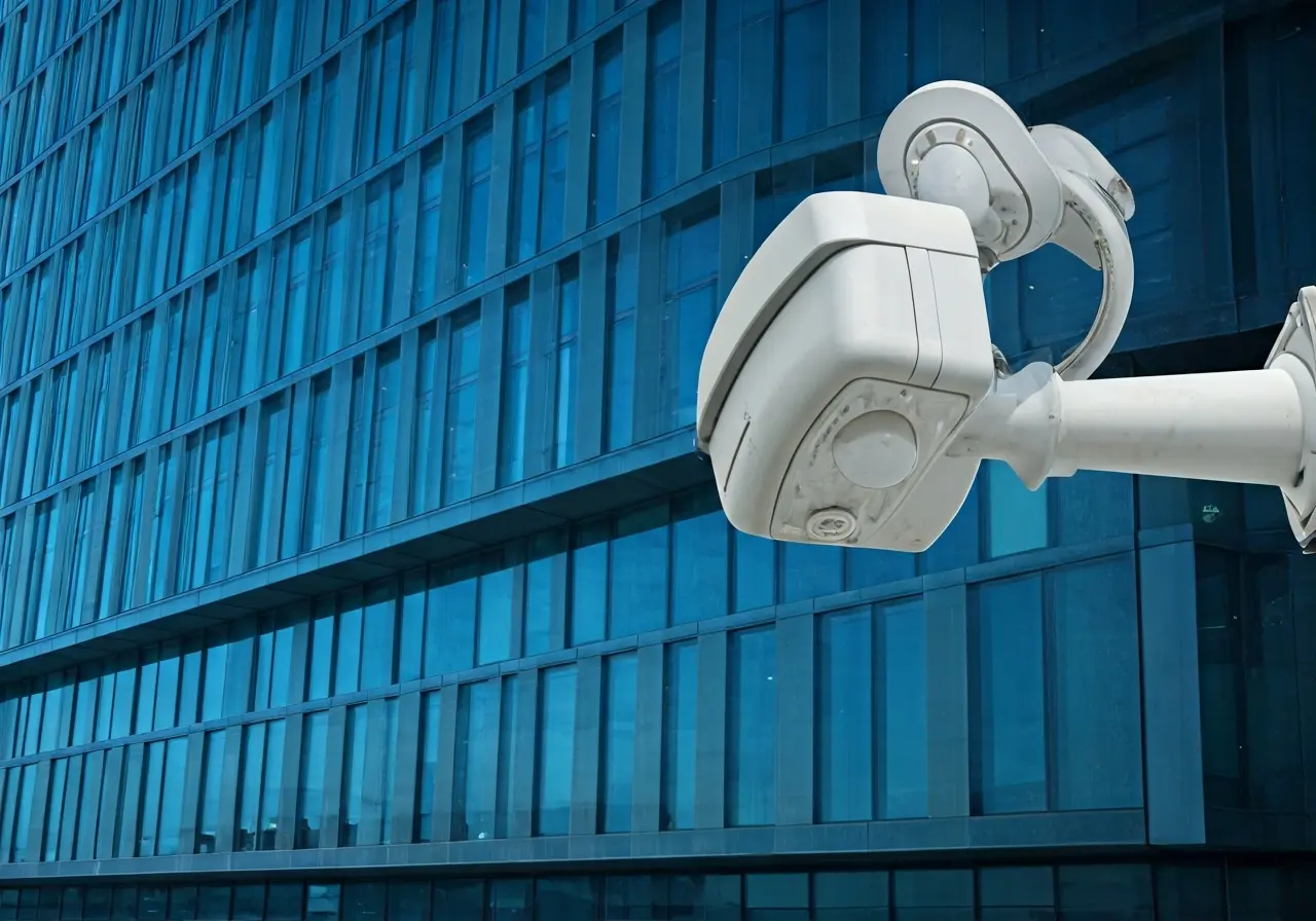 A high-tech security system monitoring a modern office building. 35mm stock photo