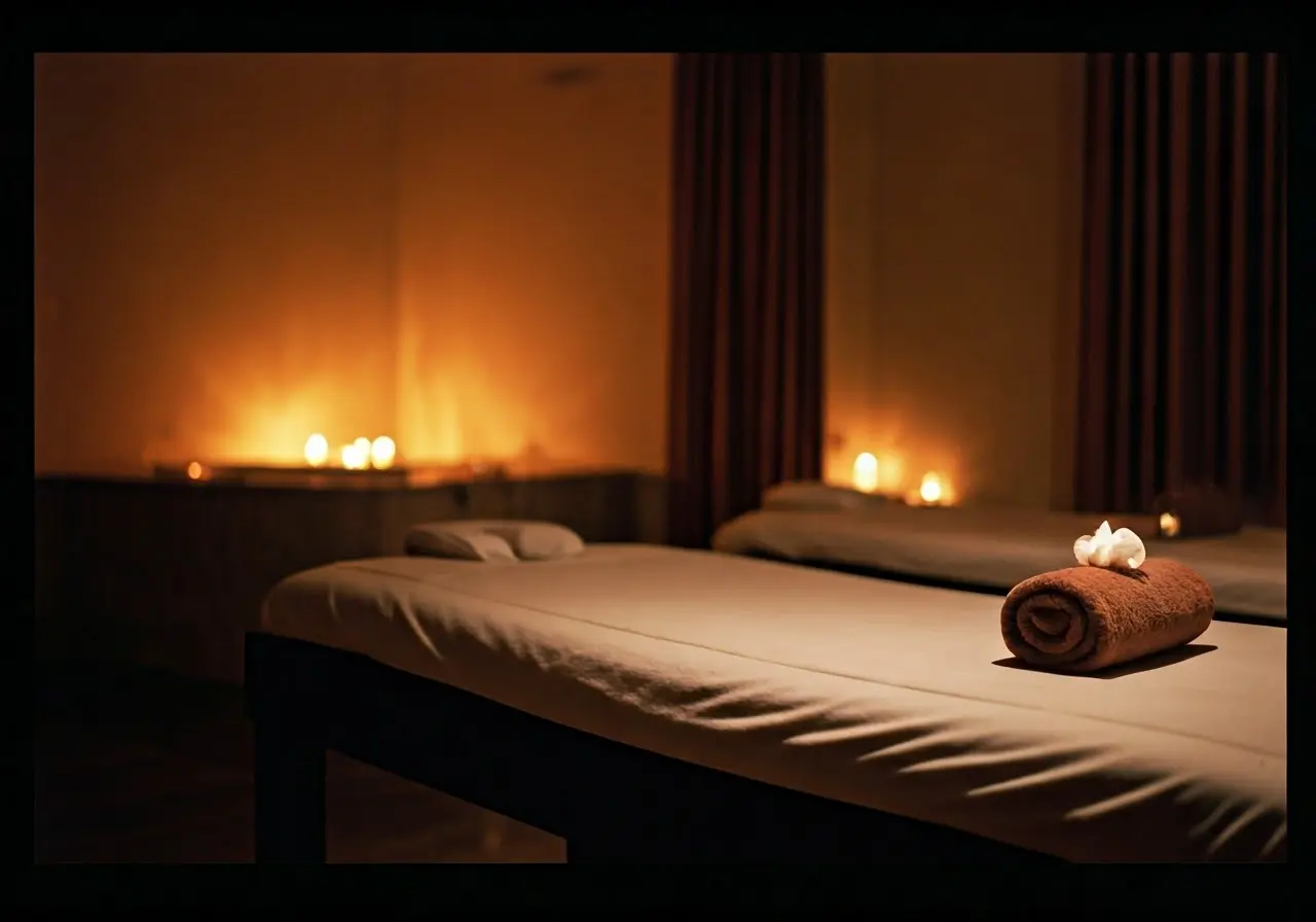 A serene spa room with massage tables and candles. 35mm stock photo