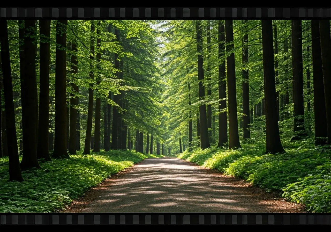 A serene path through a forest with dappled sunlight. 35mm stock photo