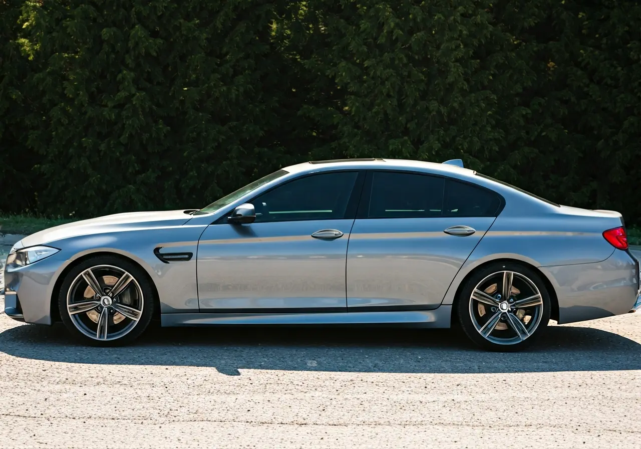 A sleek car with tinted windows parked in sunlight. 35mm stock photo