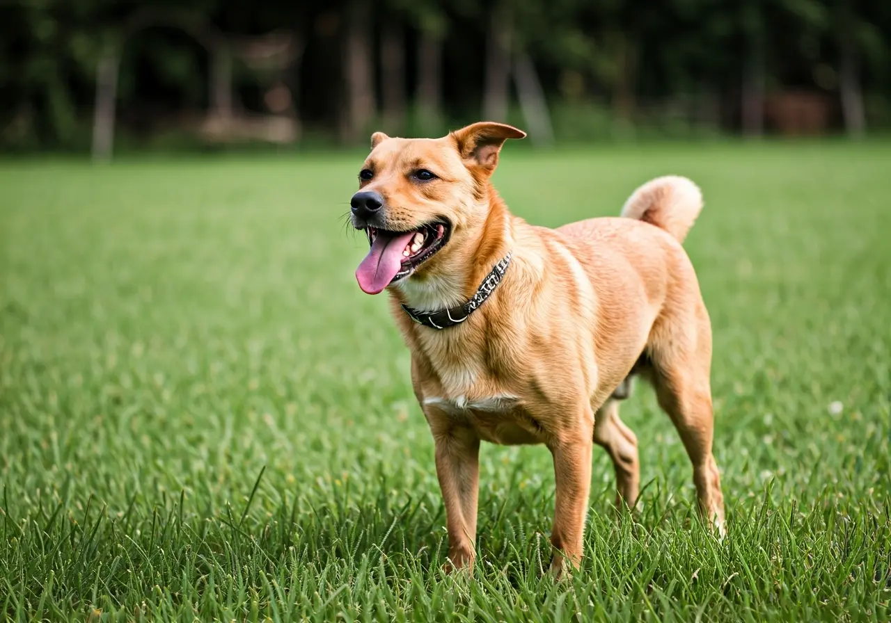 A happy dog learning tricks at a training camp. 35mm stock photo