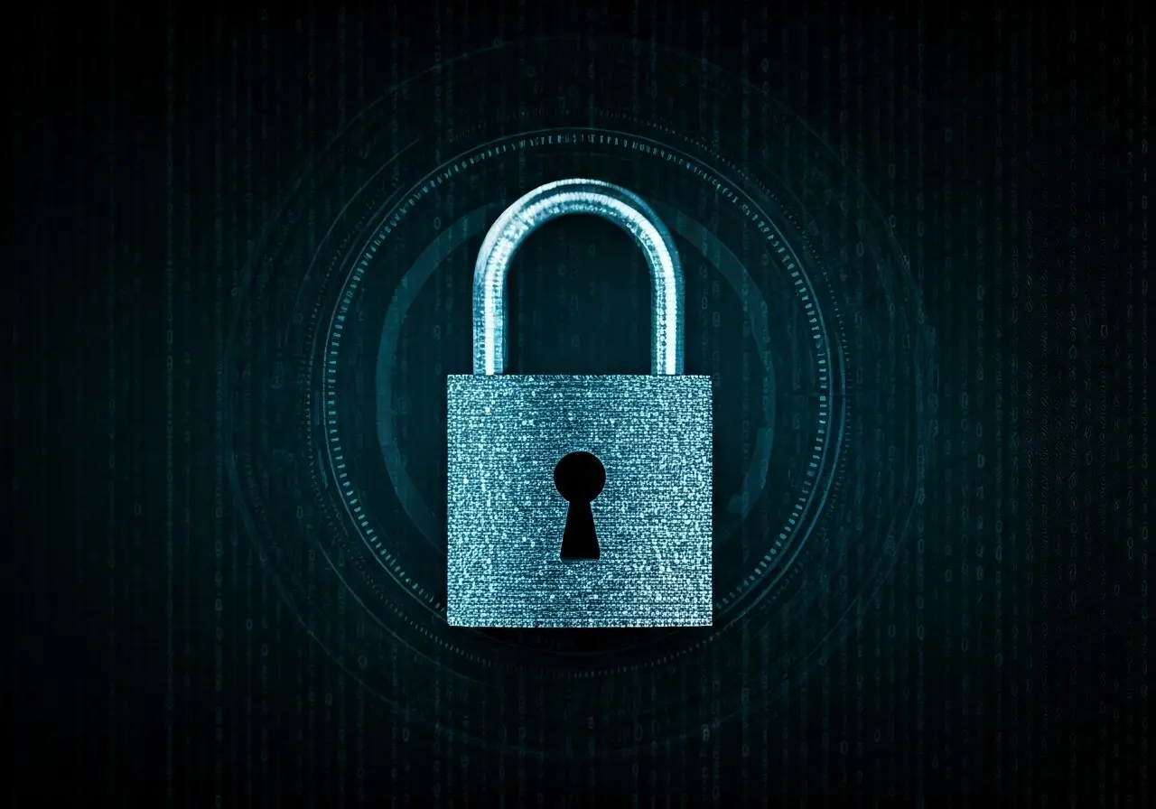 An abstract padlock with digital binary code background. 35mm stock photo