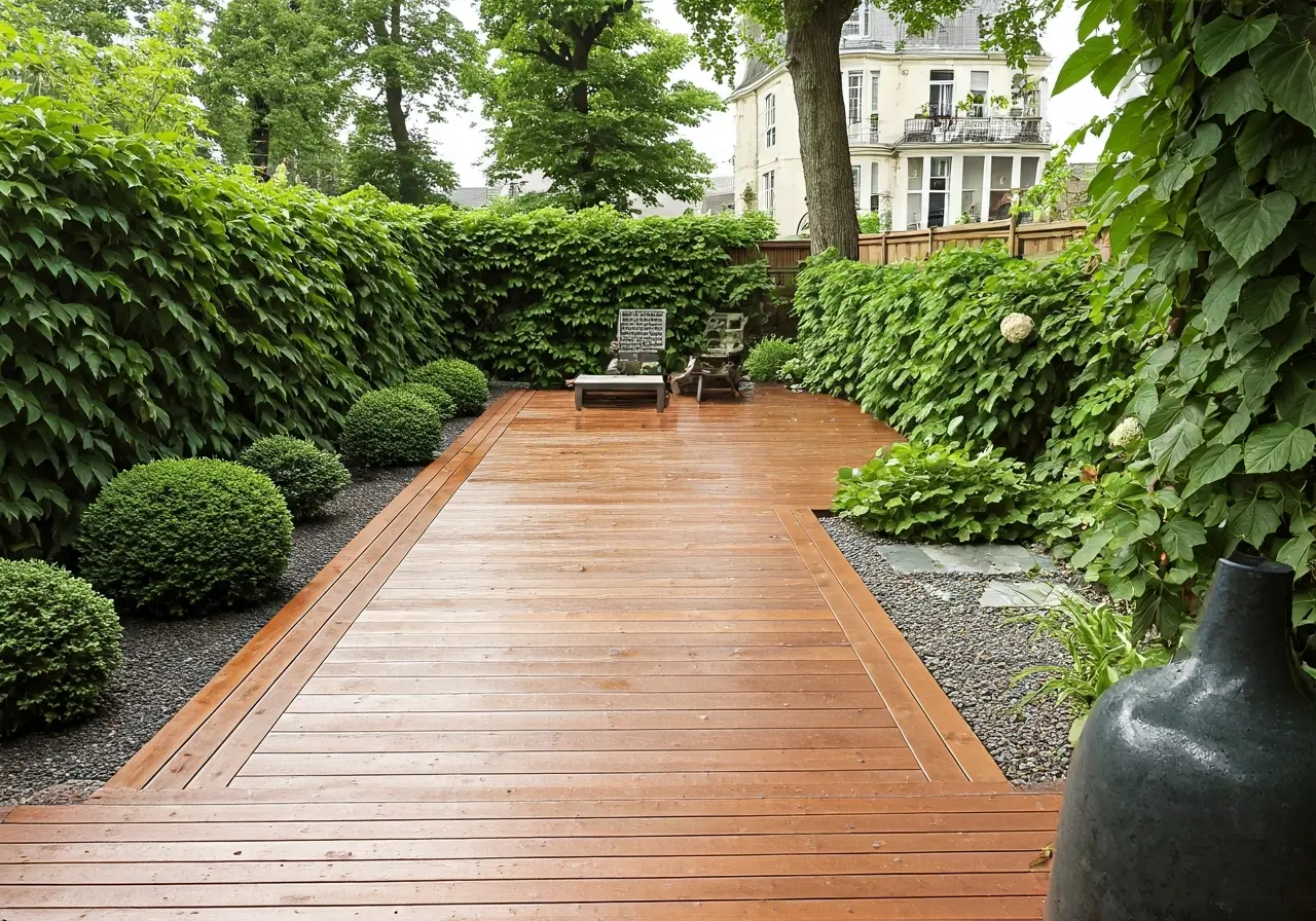 A beautifully landscaped backyard with a modern wooden deck. 35mm stock photo