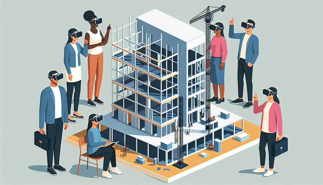 Draw a graphic in flat design style. A flat design illustration of a diverse group of people with VR headsets, exploring a 3D model of a building under construction.