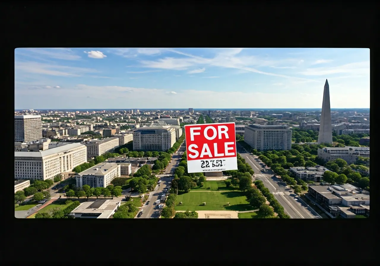 Aerial view of Washington DC cityscape with for-sale sign. 35mm stock photo