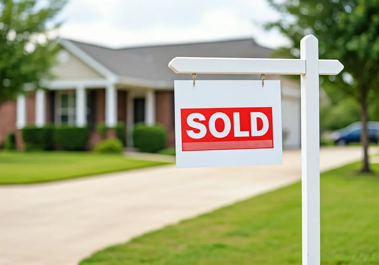 A SOLD sign in front of a suburban house. 35mm stock photo