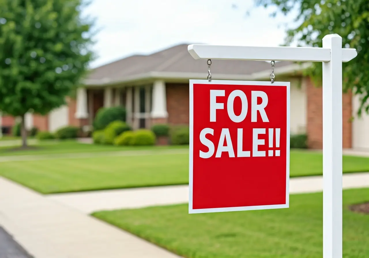 A For Sale sign in front of a suburban house. 35mm stock photo