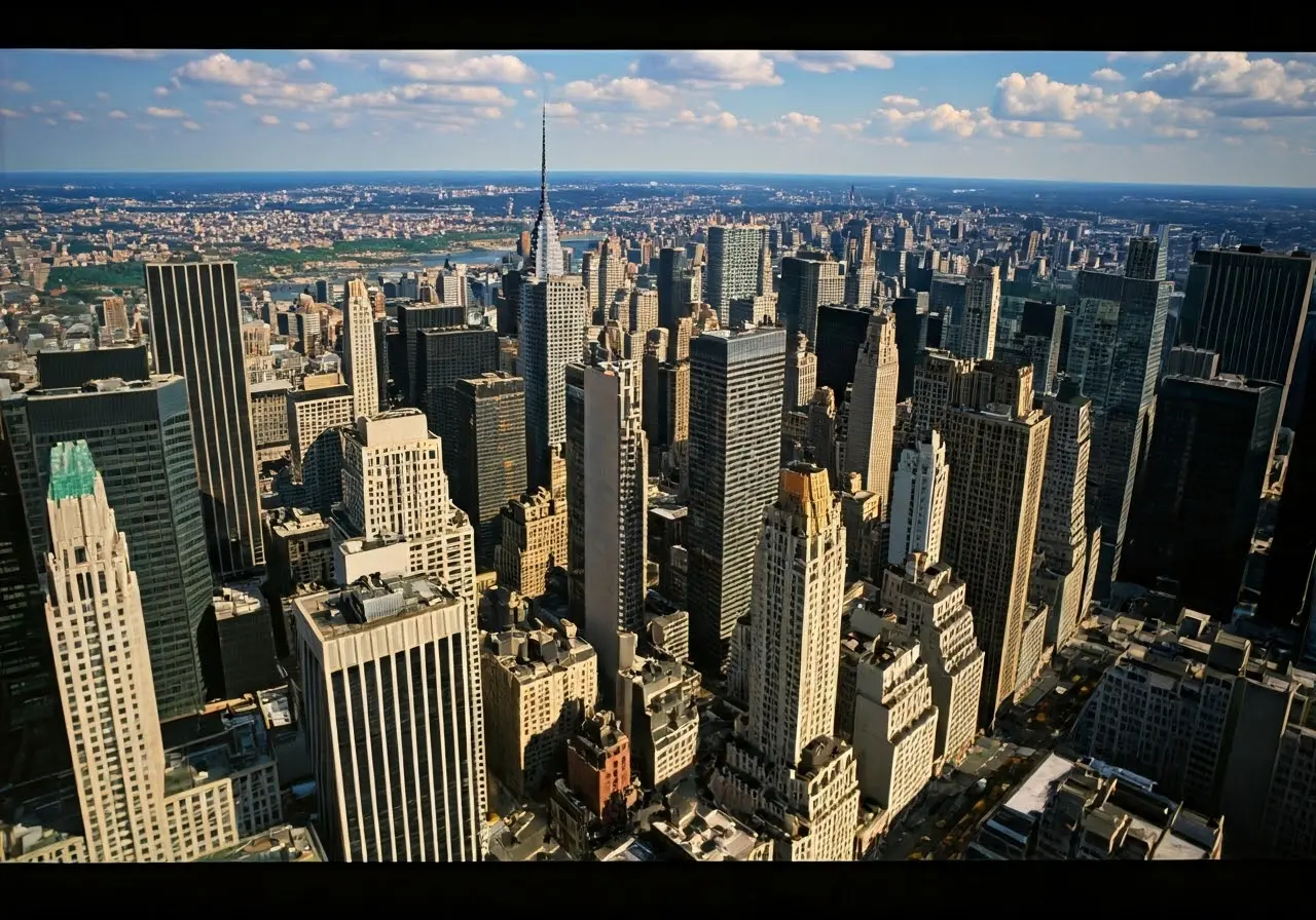 Aerial view of Manhattan showcasing distinct uptown and downtown areas. 35mm stock photo