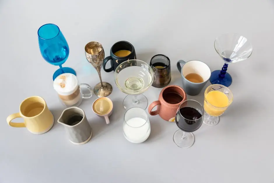 A variety of drinks displayed in colorful cups and glasses from an overhead view.