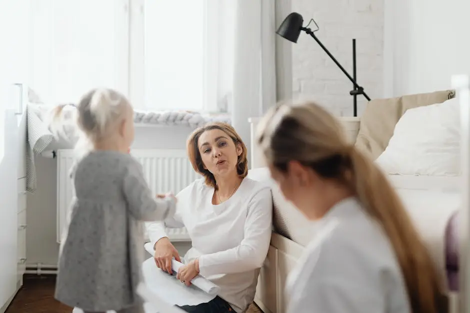 A mother sits on the floor talking with her daughter in a cozy bedroom setting.