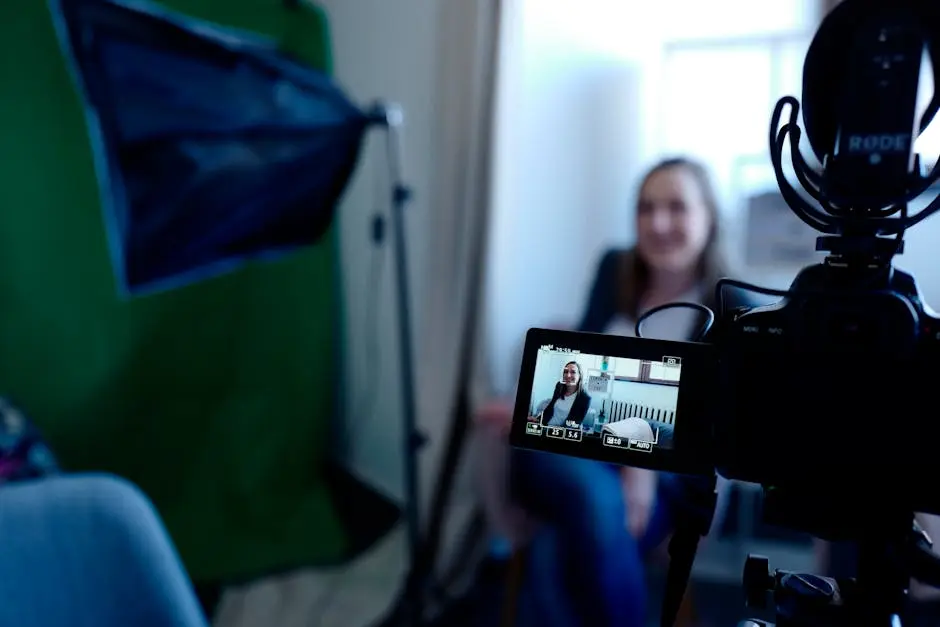 Camera focused on a woman speaking in front of a green screen, showcasing video production setup for creative portfolios.