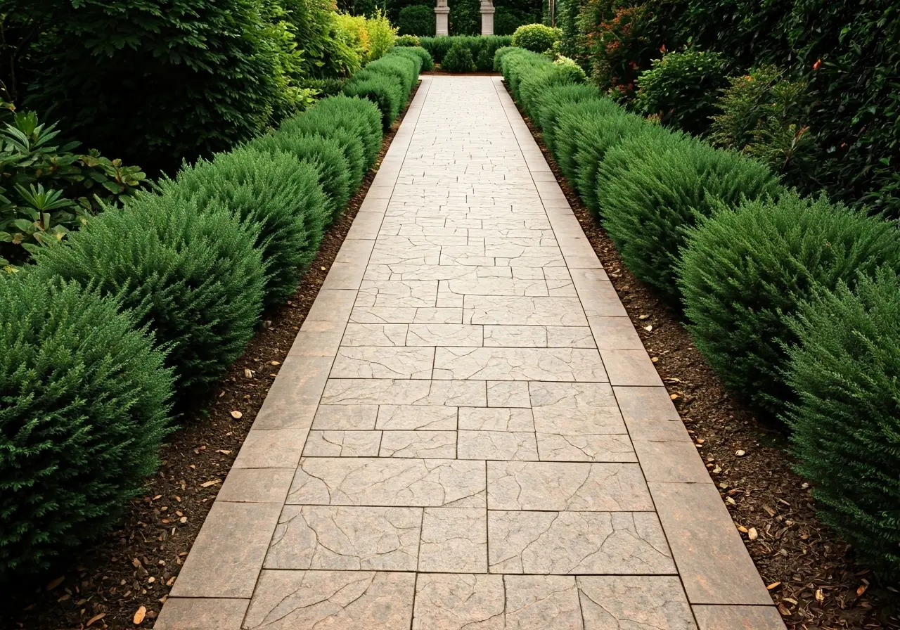 A garden path of intricately patterned stone tiles. 35mm stock photo