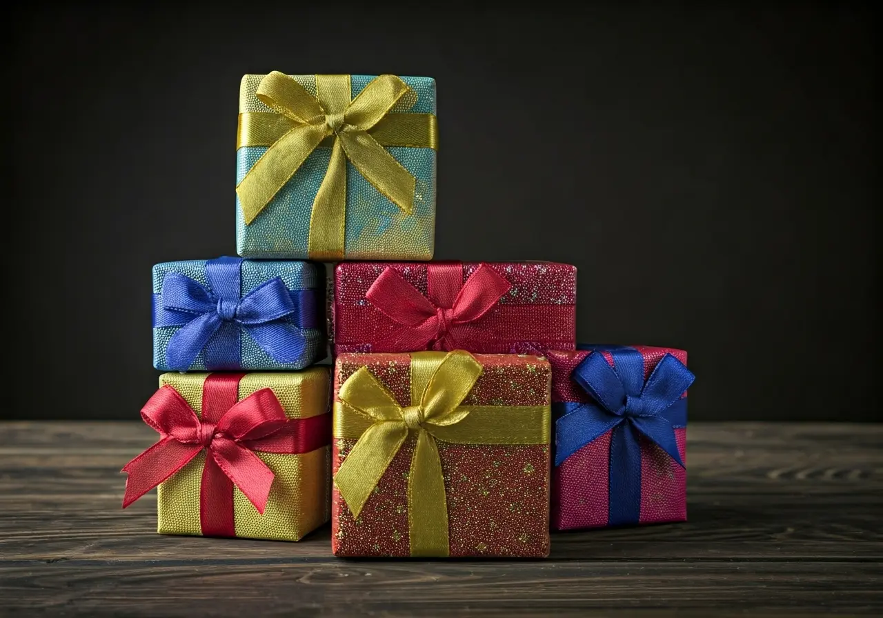 A pile of colorful gift boxes with festive ribbons. 35mm stock photo