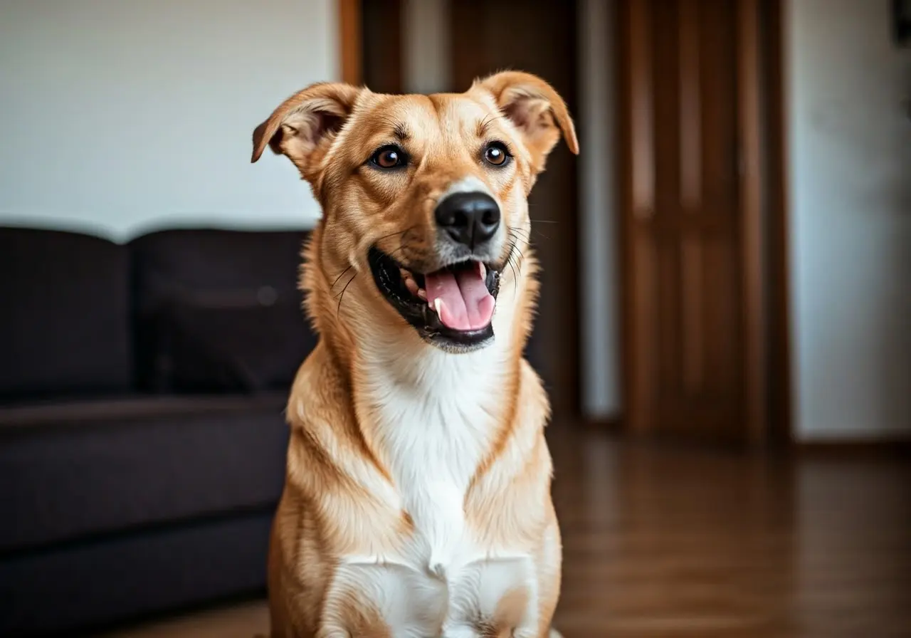 A happy dog sitting attentively in a well-lit living room. 35mm stock photo