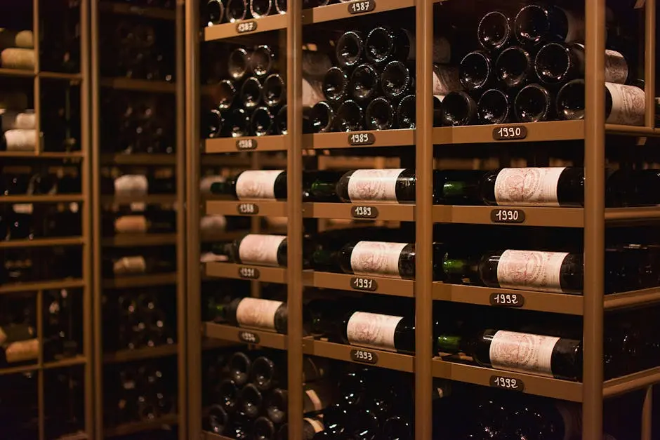 Vintage wine bottles beautifully displayed in a Pauillac cellar.