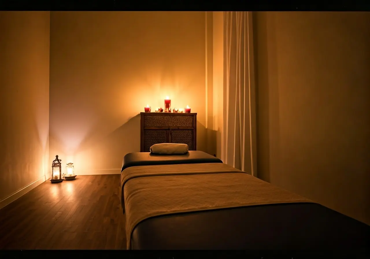 A serene therapy room with a massage table and candles. 35mm stock photo