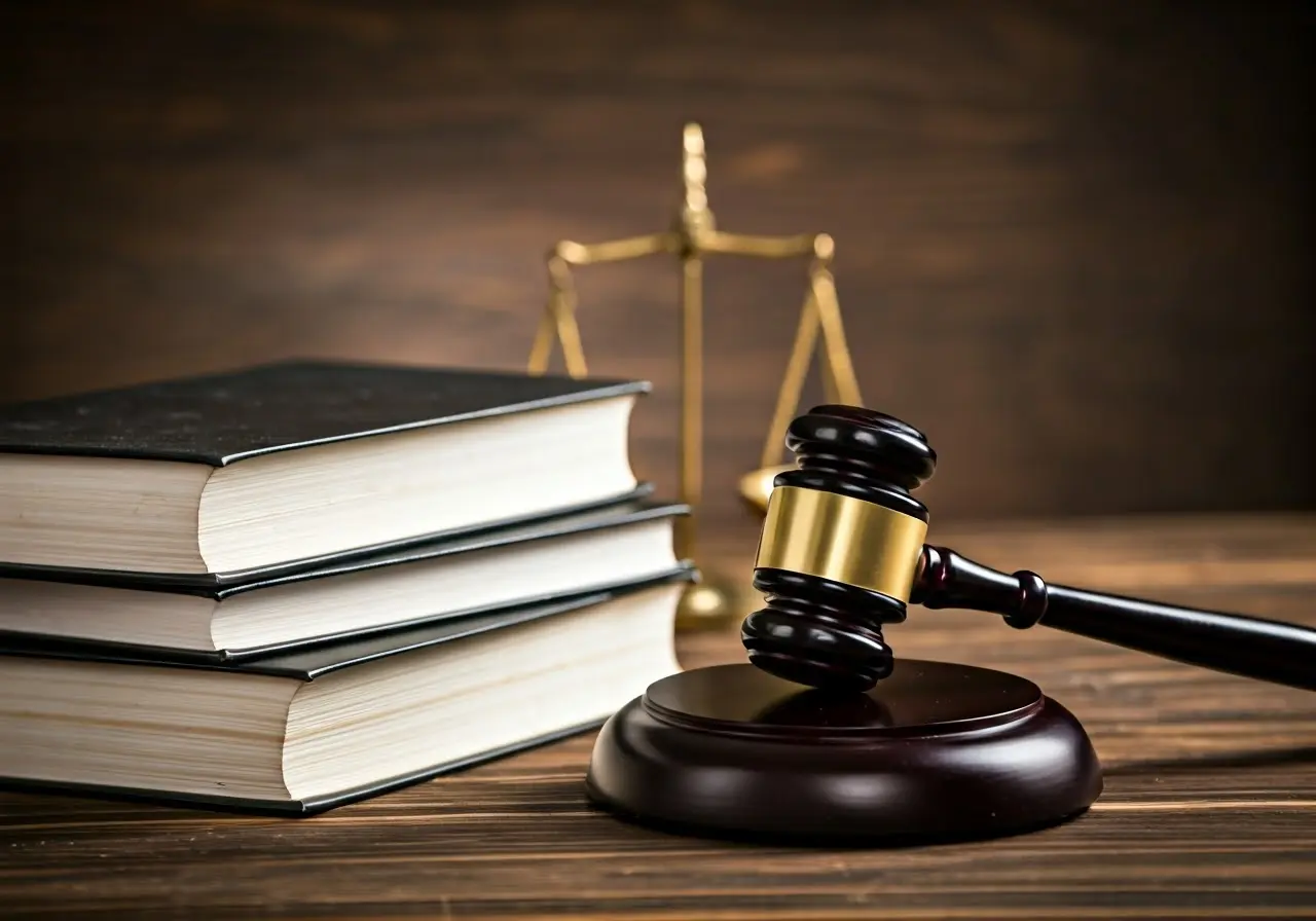 A gavel and legal books on a wooden desk. 35mm stock photo