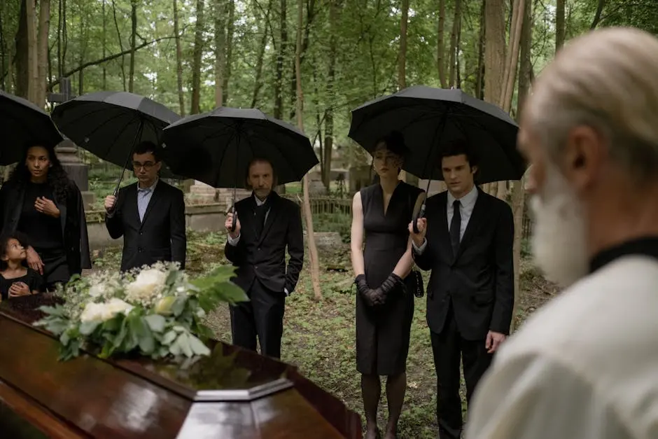 A group mourns during a funeral gathering in a forest cemetery.