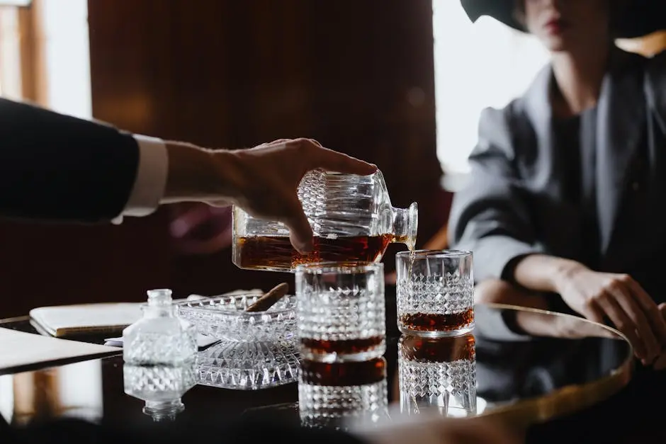 A sophisticated scene of whiskey being poured into crystal glasses on a reflective table in an elegant setting.