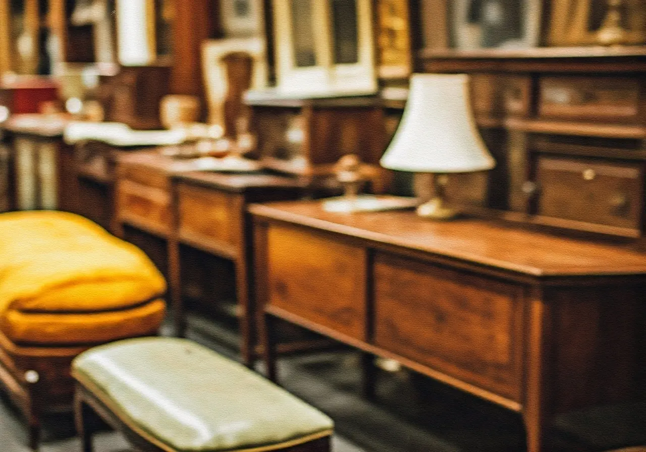 Vintage furniture and antiques displayed at an estate sale. 35mm stock photo